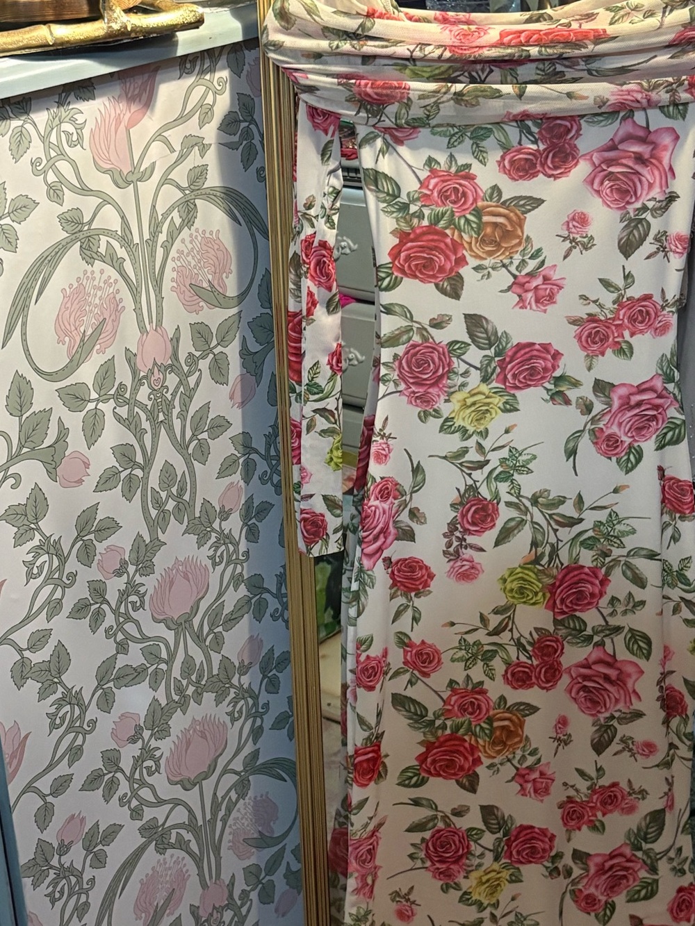 AFRM off the shoulder Theana Rose Print Drapery Panel in Pink, Green, Cream